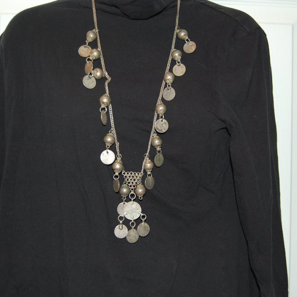 Silver Tone Coin Necklace W/Balls/Coins
